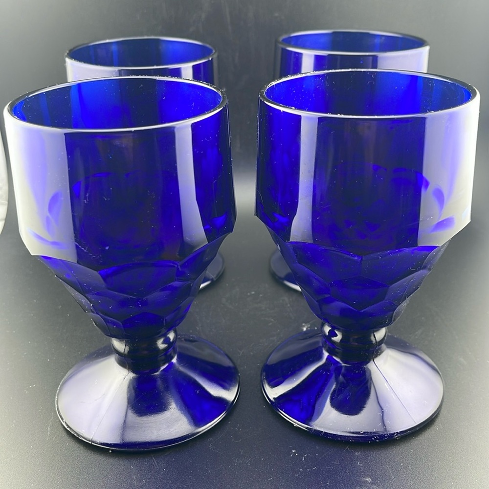 Vintage Cobalt Blue 10oz Georgian Honeycomb Water Glasses 5.5" x 3.25", set of 4